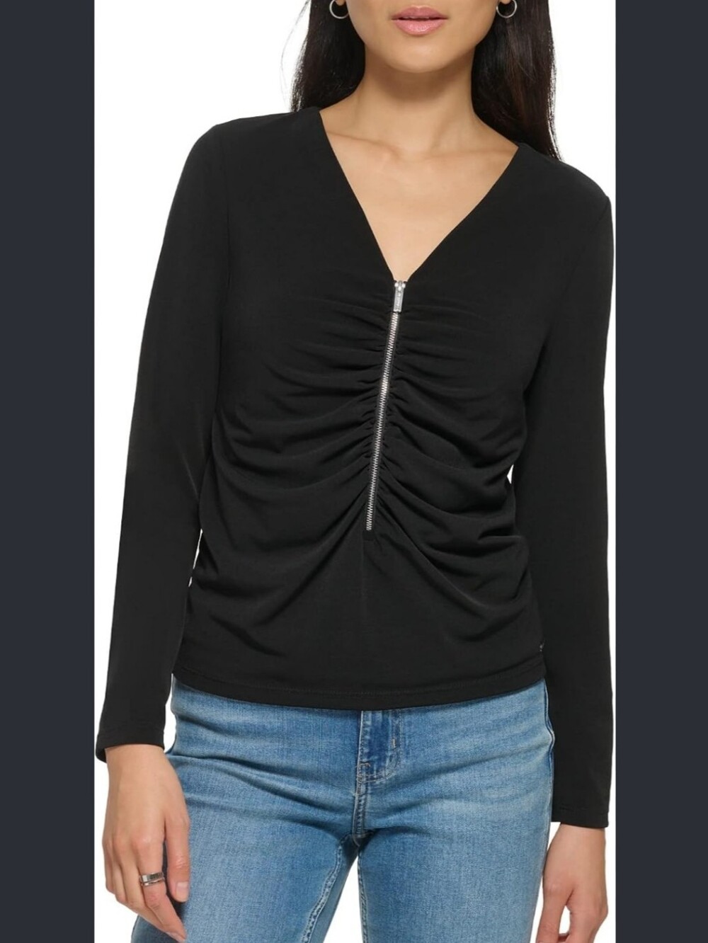 Calvin Klein Women's Black Long-Sleeve V-Neck Zip Ruched Top
